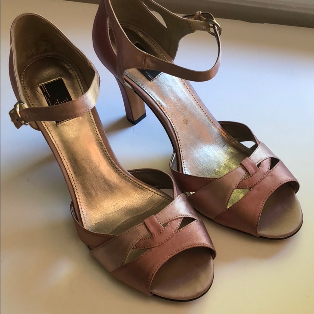 Lavender and pink satin open toed heels